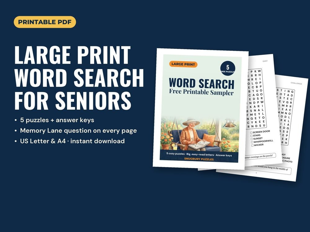 Free large print word search sampler: cover and a puzzle page