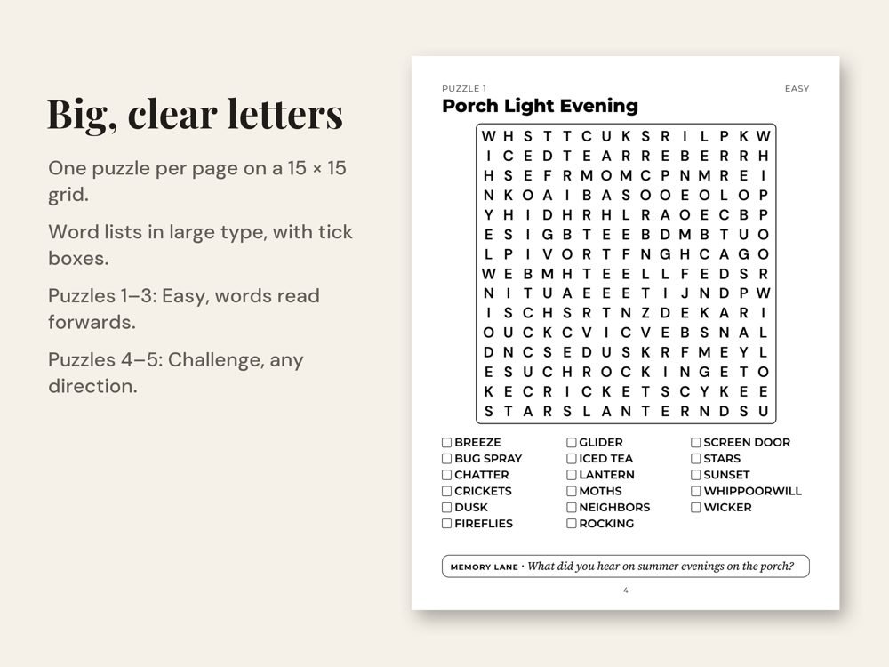 A large print puzzle page with its word list and Memory Lane question