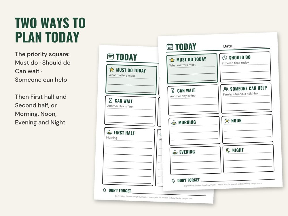 The Big Print Day Planner: the Today page with its priority square