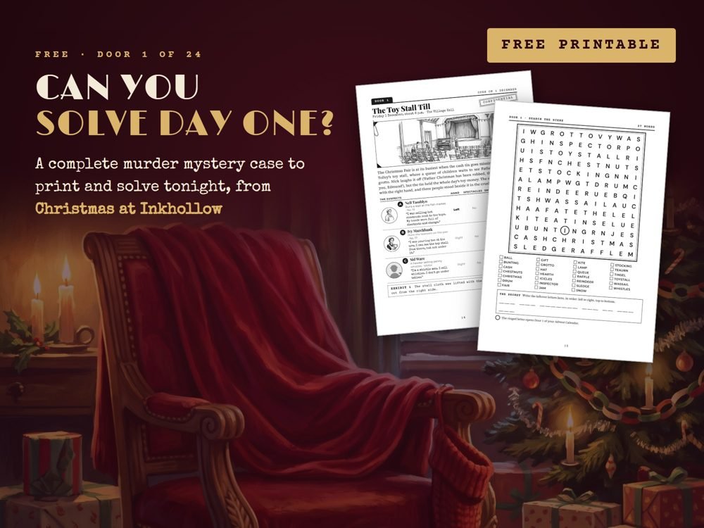 Door 1 of Christmas at Inkhollow: the case file and its word search