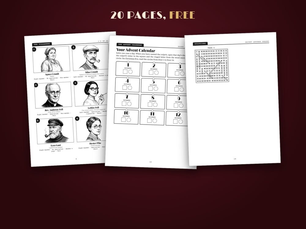 Pages from the sampler: villagers, Advent calendar and solutions