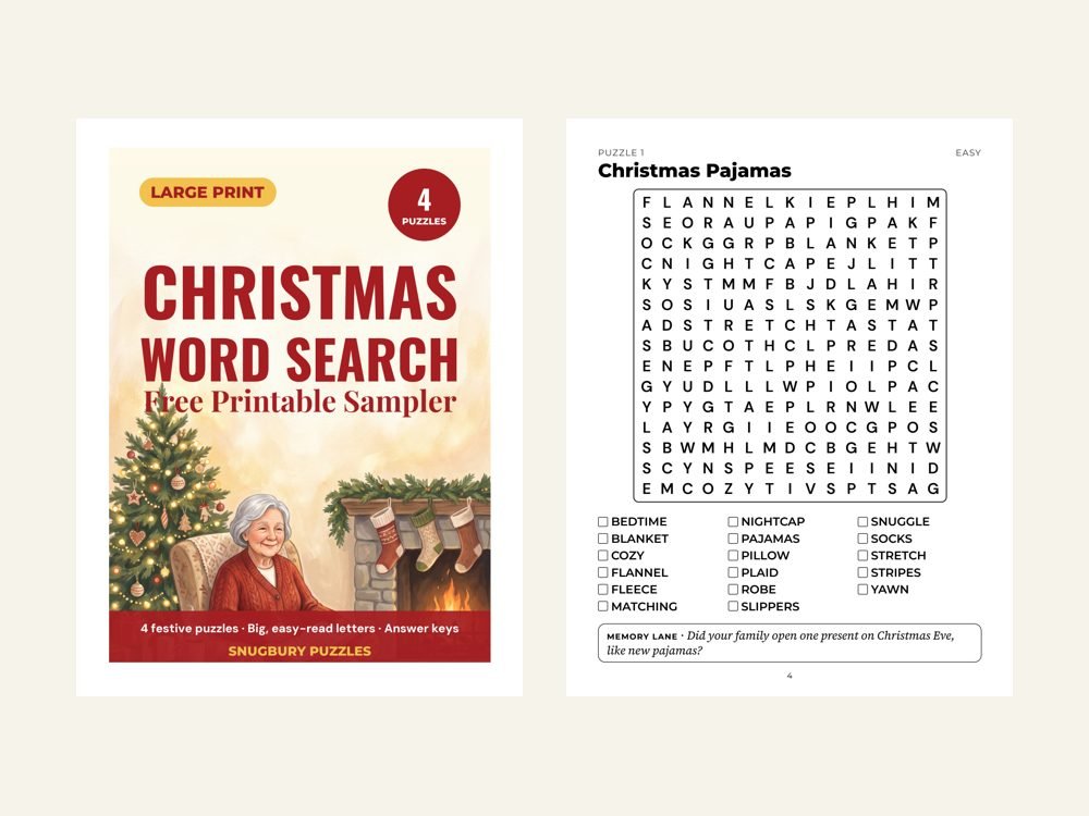 Free large print Christmas word search sampler: cover and a puzzle page